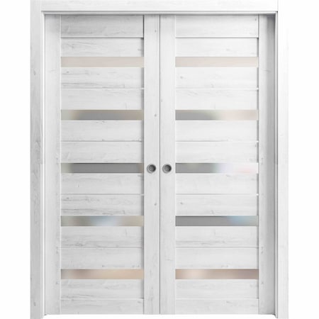 Sartodoors Sliding French Dbl Pocket Doors 60 x 96in, Nordic White W/ Frosted Glass, Kit Trims Rail Hardware QUADRO4445DP-NOR-6096
