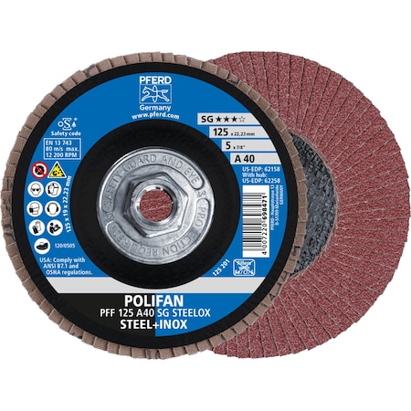 Pferd Flap Disc, 5" x 5/8-11, A SG STEELOX, 40 Grit, T27, Flat, Aluminum oxide 62258