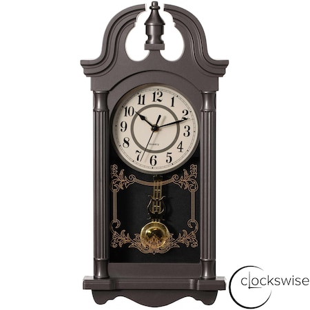 Clockswise 20in Plastic Wood-Grain Finish Wall Clock with Battery-Operated Swinging Pendulum, Charcoal QI004819-20.CH