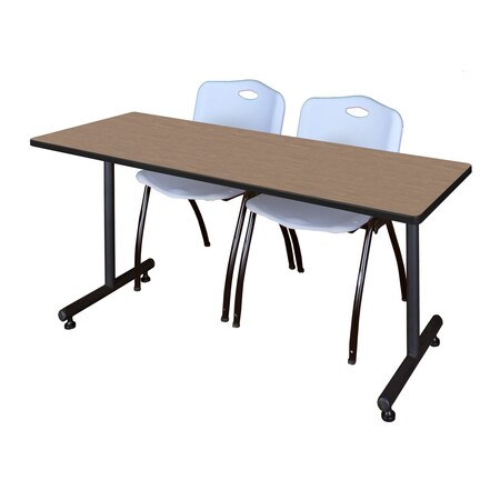 Regency Kobe T-Base Training Seminar Table W/ 2 M Stack Chairs, 72 in W, 24 in L, Noble Oak MKTRCT7224NO47GY