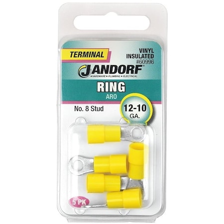 Jandorf Ring Terminal, 12 to 10 AWG Wire, #8 Stud, Vinyl Insulation, Copper Contact, Yellow 60996