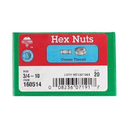 Hillman 3/4 in. Zinc-Plated Steel USS Hex Nut, 20PK 160514