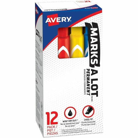 Avery Avery Marks-A-Lot Permanent Marker, Large Chisel Tip, Assorted Ink, 12/Set 24800