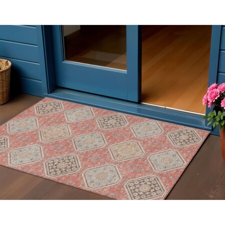 Homeroots 3' X 5' Salmon And Beige Floral Washable Indoor Outdoor Area Rug 610775