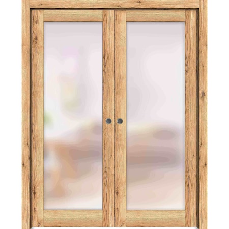 Sartodoors Sliding French Double Pocket Doors Frosted Glass Planum 2102 Oak 64x80 (2* 32x80) Solid Core PLANUM2102DP-DUB-64