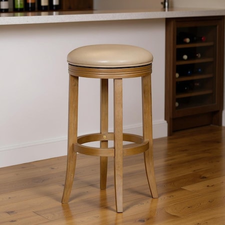 Homeroots 31" Beige and Oak Faux Leather and Solid Wood Backless Bar Height Swivel Bar Chair 632413