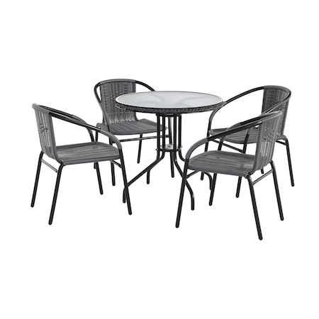 Flash Furniture Round Table Set, Aluminum, Glass, Metal, Plastic, Rattan, Clear TLH-087RD-037GY4-GG