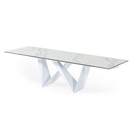 Homeroots 107" White Rectangular Ceramic And Metal Self-Storing Leaf Dining Table 487885
