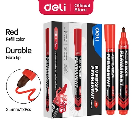 Deli EVERYU Permanent Marker, Bullet Tip, Red, Waterproof, 12PK EU216-RD