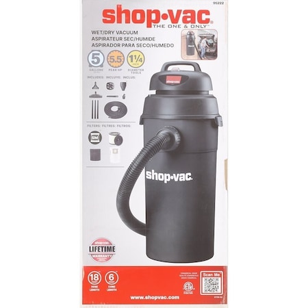Shop-Vac Wet/Dry Vacuum, 5 gal, 70 cfm Air, Cartridge, 120 V 9522205