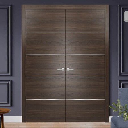 Sartodoors French Double Interior Doors with Hardware, Planum 0020 Chocolate Ash, Panel Frame Trims, Bathroom PLANUM0020DD-CA-36