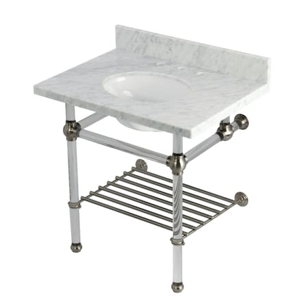 Kingston Brass 30-Inch Carrara Marble Console Sink with Acrylic Legs and Shelf, 8-Inch, 3-Hole KVPB3030MAB8