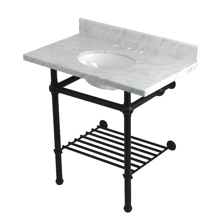 Kingston Brass 36-Inch Carrara Marble Console Sink with Brass Legs and Shelf, 8-Inch, 3-Hole KVPB36MBB0