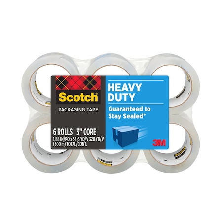 Scotch Heavy Duty Packaging Tape, 3.1 mil Thick, 1.88 in W x 50 m L, 3 in Core Dia., Clear, 6 PK 3850-6-EF