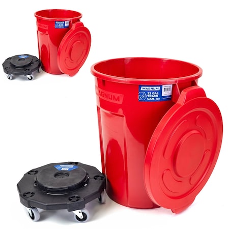 Magnum Tool Red 32 Gallon Trash Can Set (Trash Can, Quiet Dolly, and Reinforced Lid) (2 Set) CMTC-CLD0-32R02