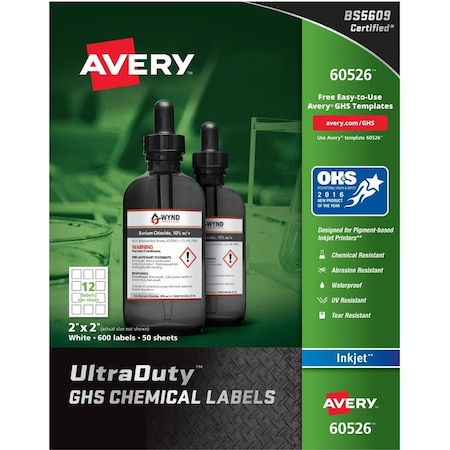 Avery Dennison Avery GHS Chemical Waterproof & UV Resistent Labels, Inkjet, 2in x 2in, 600/Pack 60526