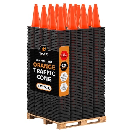 Xpose Safety Traffic Safety Cone, 18 in, PVC Plastic, No Collar, DOT Approved, Orange, Full Pallet, PK928 OTC18-FP928-X