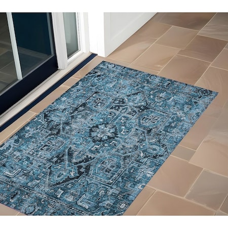 Homeroots 2' X 3' Denim and Gray Oriental Washable Non Skid Indoor Outdoor Area Rug 563745