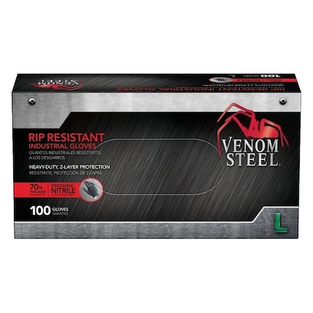 Venom Steel 614N, Disposable Gloves, 6 mil Palm, Nitrile, Powder-Free, L, Black VEN6143N