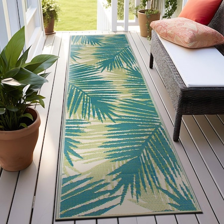 World Rug Gallery Tropical Floral Reversible Plastic Runner Rug 2 ft 6 in x 8 ft Green 6051GREEN27X8
