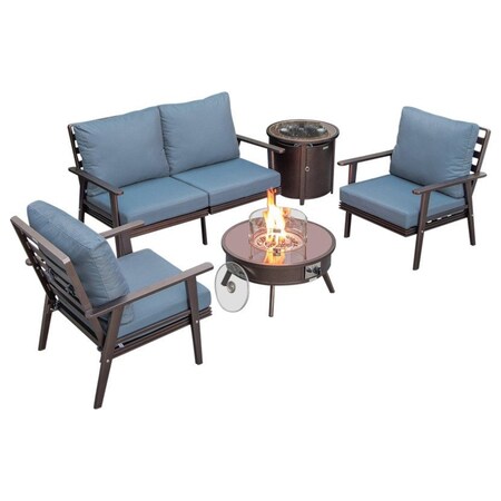Leisuremod Walbrooke Modern Brown Patio Conversation With Round Fire Pit & Tank Holder, Navy Blue WBR-29-24-57-31-NBU