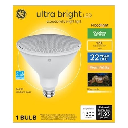 Ge LED Bulb, PAR38 Lamp, 120 W Equivalent, Medium Lamp Base, Dimmable, White, 3000 K Color Temp 93130019