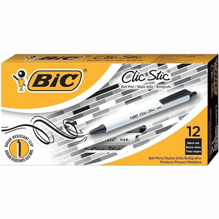 Bic Clic Stic Ballpoint Retractable Pen, Medium, White Barrel, Black Ink, Dozen CSM11BK