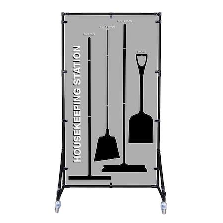5S Supplies Housekeeping Shadow Board Broom Station V6, Gray / Black Shadows, Kit + Stand HSB-V6-GRAY/BLACK-KIT-STAND