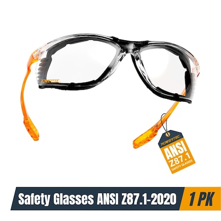 Powertec Safety Glasses ANSI Z87.1-2020, Clear Wraparound Protective Eyewear with UV Protection 72317
