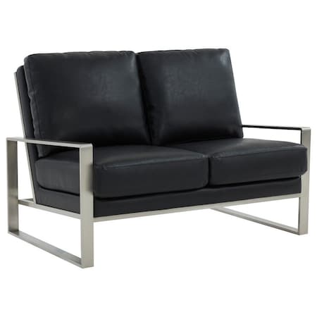 Leisuremod Jefferson Contemporary Faux Leather Loveseat with Silver Frame, Black JAS53BL-L