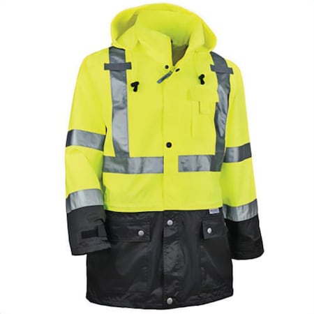 Glowear Rain Jacket, XL, Hi-Viz Lime, 300D Oxford Polyester, Resists: Water, ANSI 107 Type R Class 3,8365BK 25325