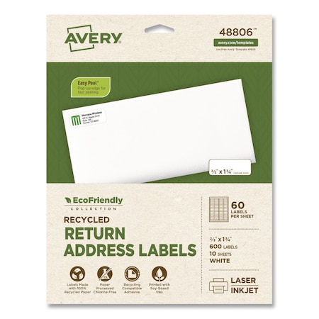 Avery EcoFriendly Recycled Return Address Labels, Inkjet/Laser, 0.66 x 1.75, White, 600PK 48806