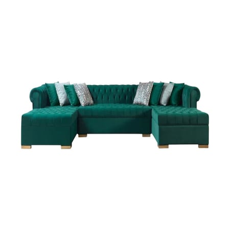 Homeroots Green Velvet U Shaped Three Piece Sofa and Chaise Sectional With Toss Pillows 643892