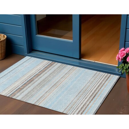 Homeroots 3' X 5' Sky Blue Gray And Beige Striped Washable Indoor Outdoor Area Rug 614833