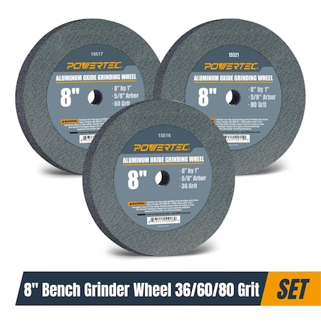 Powertec Aluminum Oxide Bench Grinding Wheel 8 in 36/60/80 Grit, 1 in Thick 5/8 in Arbor, 3PK 15531