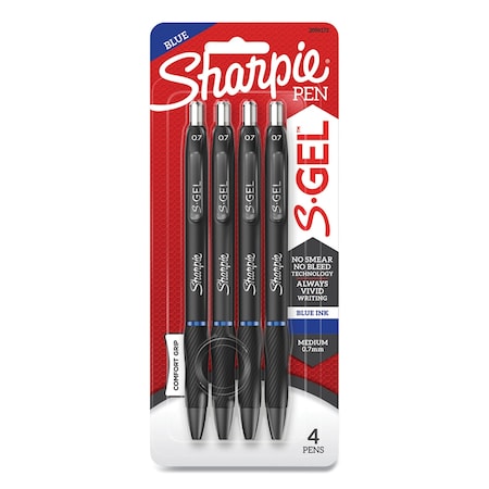 Sharpie S-Gel High-Performance Gel Pen, Retractable, Medium 0.7 mm, Blue Ink, Black Barrel, 4PK 2096172
