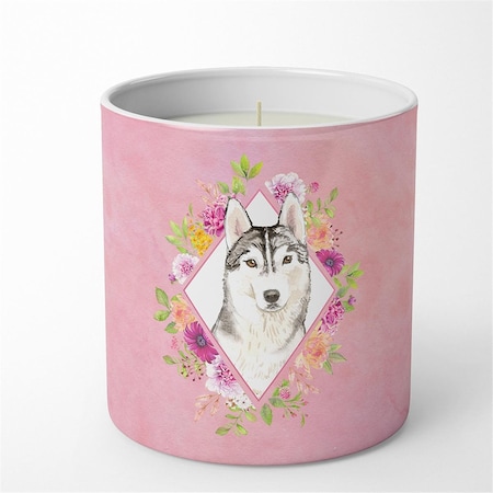 Carolines Treasures 10 oz Siberian Husky Pink Flowers Decorative Soy Candle CK4210CDL