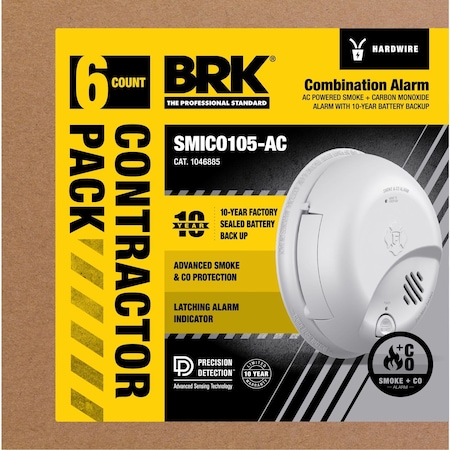 First Alert BRK SMICO105-AC Hard-Wired w/Battery Back-Up Ionization Smoke/Carbon Monoxide Combo Pack 6 pk 1046885