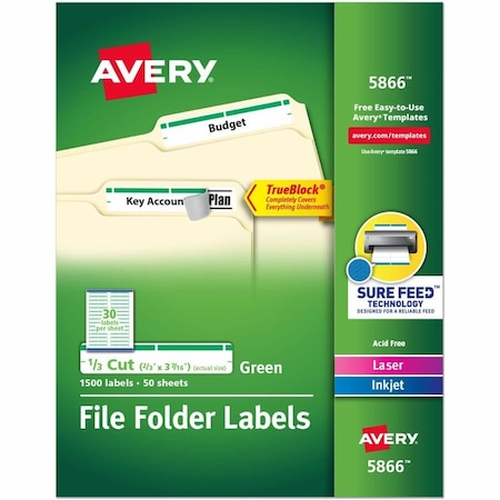 Avery File Folder Label, 21/32" Label W, 30 Labels per Sheet Green 5866