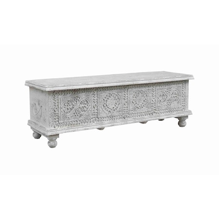 Homeroots 54" White Solid Wood Medallion Storage Ottoman 642286