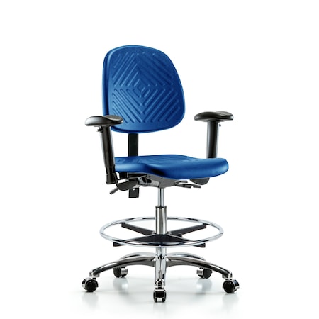 Blue Ridge Ergonomics Poly Chair Chrome, Med Bench, Med Back, Tilt, Arms, Foot Ring, Casters, Blue BR-PMBCH-MB-CR-T1-A1-CF-CC-BLU