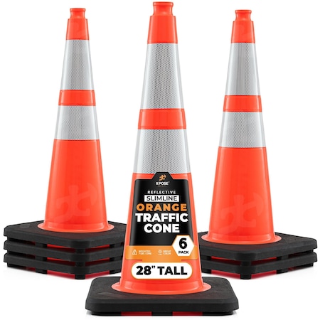 Xpose Safety Slim Line Traffic Safety Cone, 28 in, 6 in & 4 in Reflective Collar, DOT Approved, Orange, 6 pk OTC28SL-64-6-X-S