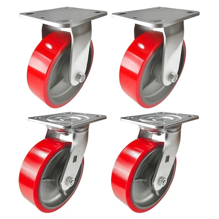 Hyw Products Heavy Duty Caster Set 6in Red Polyurethane on Cast Iron Wheels, 2 Rigid & 2 Swivel, 4PK 40-60R-A1-PC-2,40-60S-A1-PC-2 (R)