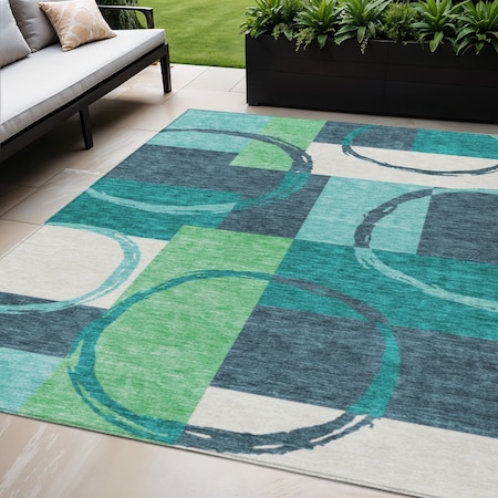 Homeroots 5' X 8' Teal Blue And Green Geometric Washable Indoor Outdoor Area Rug 612594