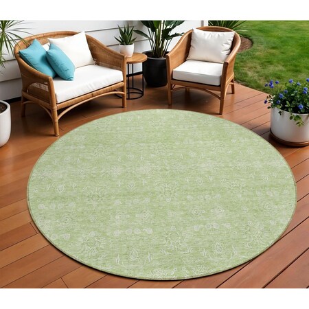 Homeroots 8' Artichoke Green Mint Green And Ivory Round Floral Washable Indoor Outdoor Area Rug 582316