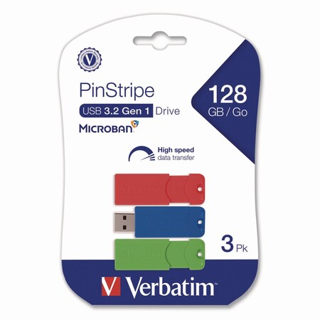 Verbatim PinStripe USB 3.0 Flash Drive, 128 GB, Blue/Green/Red, 3PK 70390