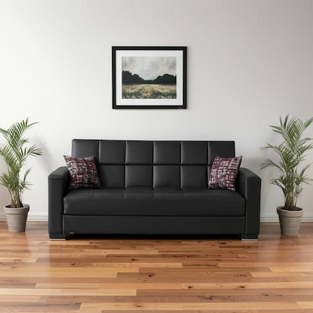 Homeroots 87" Black Faux Leather Convertible Futon Sleeper Sofa And Toss Pillows With Storage 607088