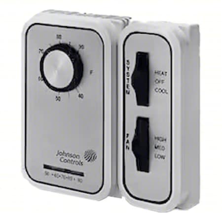 Johnson Controls Line Voltage Mechanical Thermostat, Heat or Cool, 40 to 90F, Exposed Dial, 24 to 277V AC, 1C/1H, Manual T46SAA-1C