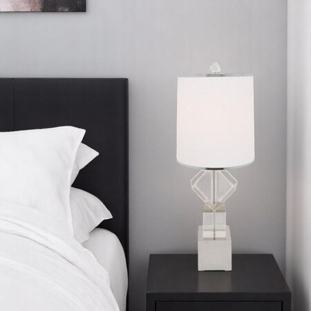 Homeroots 31" Clear And Silver Faux Crystal Geometric Table Lamp LED With White Drum Shade 558364