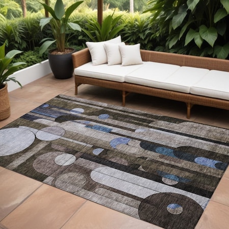 Homeroots 9' X 12' Brown Gray And Blue Geometric Washable Indoor Outdoor Area Rug 604498